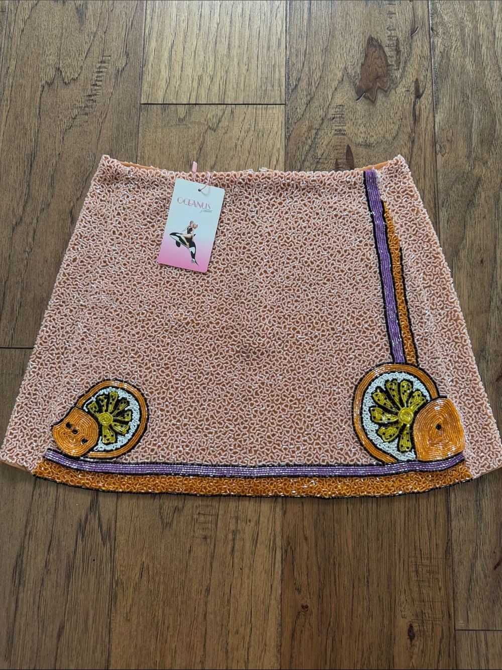 Oceanus Melodie Hand Embellished Co-Ord Skirt in Peach Beaded Lemon Mini - Picture 2 of 6